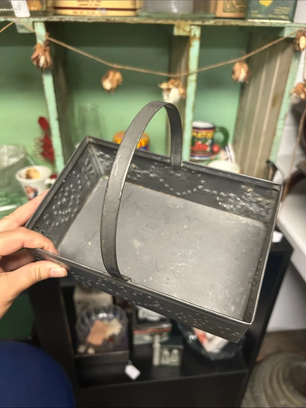 Vintage Gray Metal Perforated Heart Decorative Basket with Handle